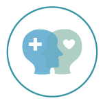 Icon with two overlapping heads facing each other, representing how neuropsychologists and patients work together to find answers.